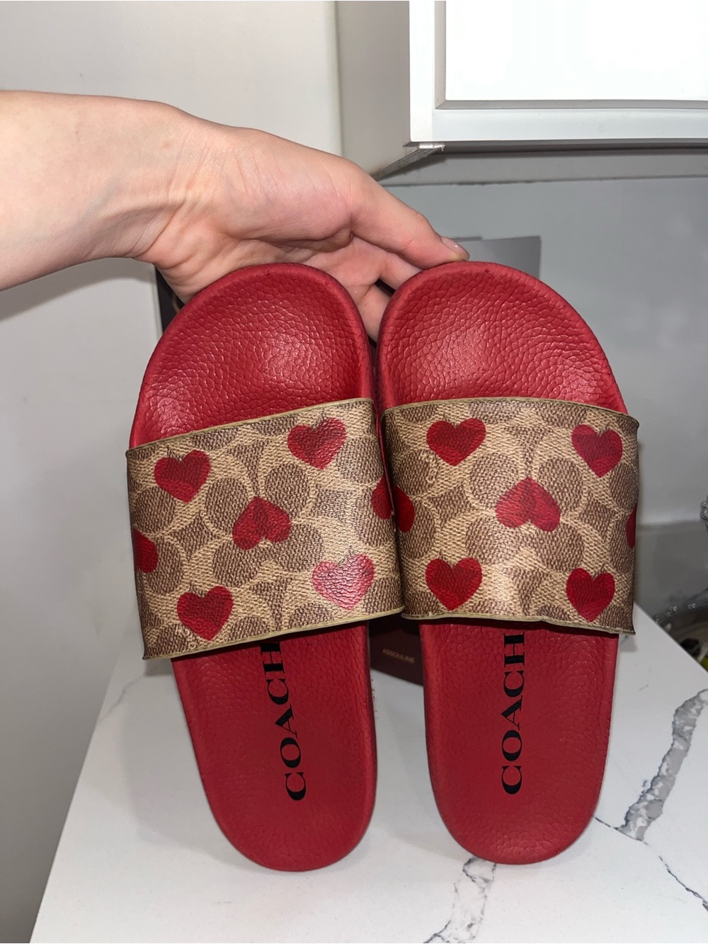 Coach Red Monogram Slide Sandals with Heart Print - Picture 2 of 7